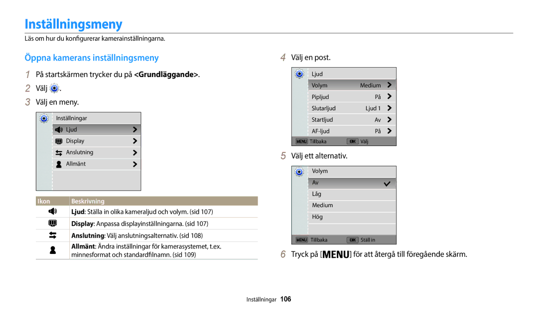 Samsung EC-WB35FZBPWE2, EC-WB35FZBPBE2, EC-WB35FZBPLE2 manual Inställningsmeny, Öppna kamerans inställningsmeny, Välj en post 