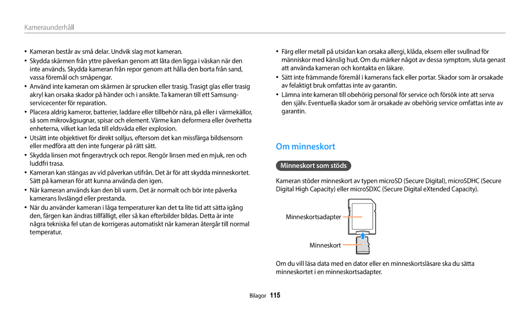 Samsung EC-WB35FZBPBE2, EC-WB35FZBPLE2, EC-WB35FZBPRE2, EC-WB35FZBPWE2 manual Om minneskort, Minneskort som stöds 