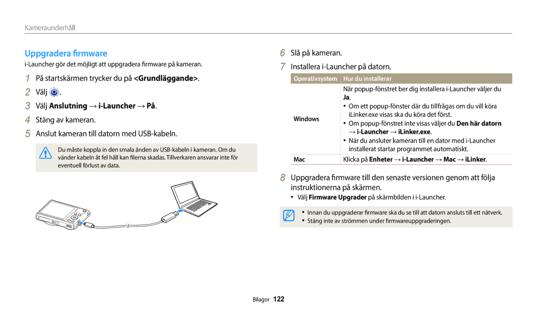 Samsung EC-WB35FZBPWE2 manual Uppgradera firmware, Välj Anslutning → i-Launcher → På, Operativsystem Hur du installerar 