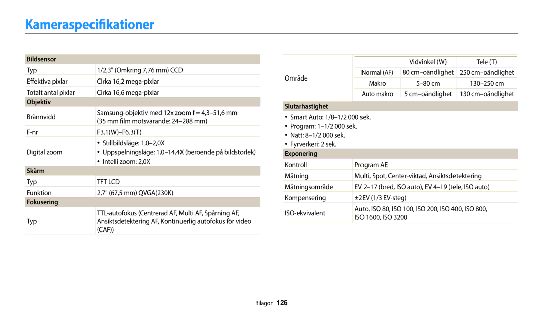 Samsung EC-WB35FZBPWE2, EC-WB35FZBPBE2, EC-WB35FZBPLE2, EC-WB35FZBPRE2 manual Kameraspecifikationer 