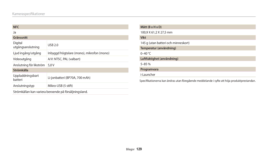 Samsung EC-WB35FZBPRE2 manual Gränssnitt, Strömkälla, Mått B x H x D, Vikt, Temperatur användning, Luftfuktighet användning 