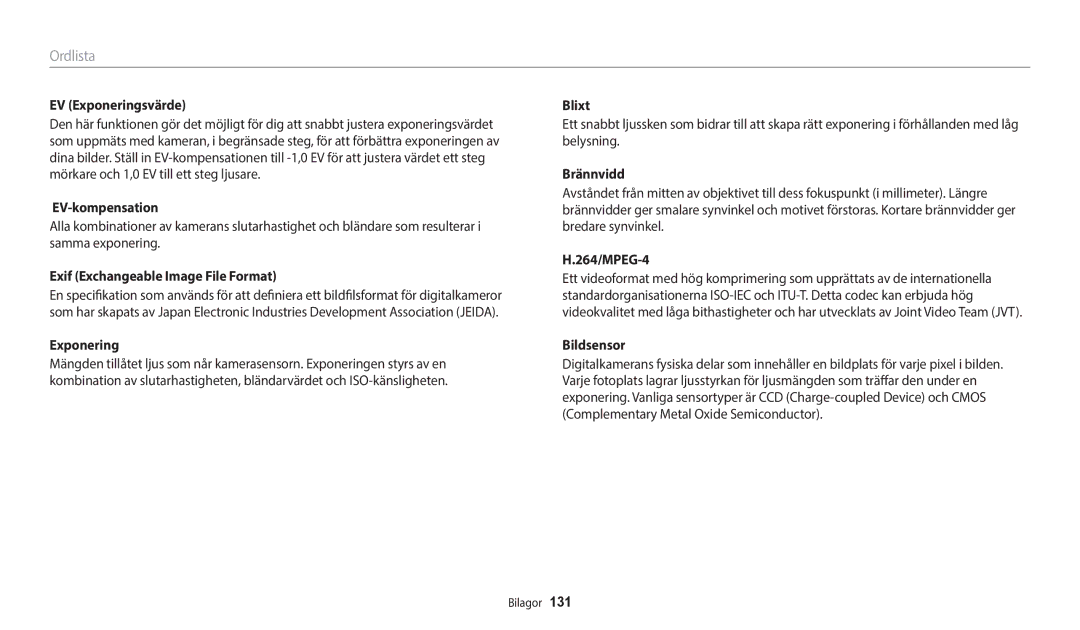 Samsung EC-WB35FZBPBE2, EC-WB35FZBPLE2, EC-WB35FZBPRE2, EC-WB35FZBPWE2 manual Ordlista 