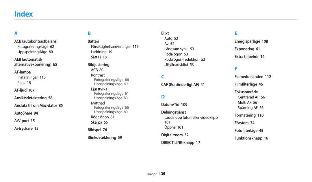 Samsung EC-WB35FZBPBE2, EC-WB35FZBPLE2, EC-WB35FZBPRE2, EC-WB35FZBPWE2 manual Index 