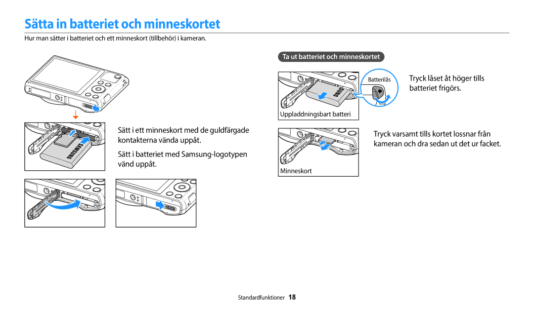 Samsung EC-WB35FZBPWE2 manual Sätta in batteriet och minneskortet, Batterilås Tryck låset åt höger tills batteriet frigörs 