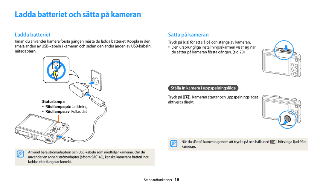 Samsung EC-WB35FZBPBE2 manual Ladda batteriet och sätta på kameran, Sätta på kameran, Ställa in kamera i uppspelningsläge 