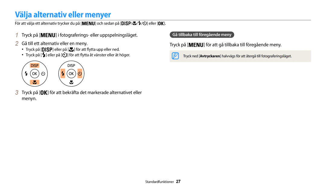 Samsung EC-WB35FZBPBE2, EC-WB35FZBPLE2 Välja alternativ eller menyer, Tryck på för att gå tillbaka till föregående meny 