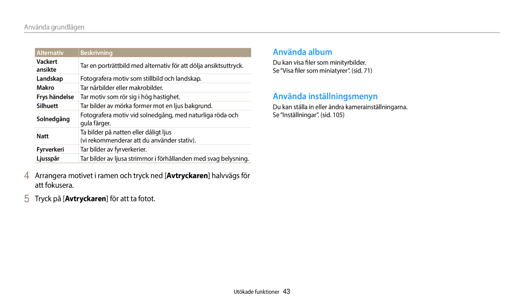 Samsung EC-WB35FZBPBE2, EC-WB35FZBPLE2, EC-WB35FZBPRE2 Använda album, Använda inställningsmenyn, Alternativ Beskrivning 