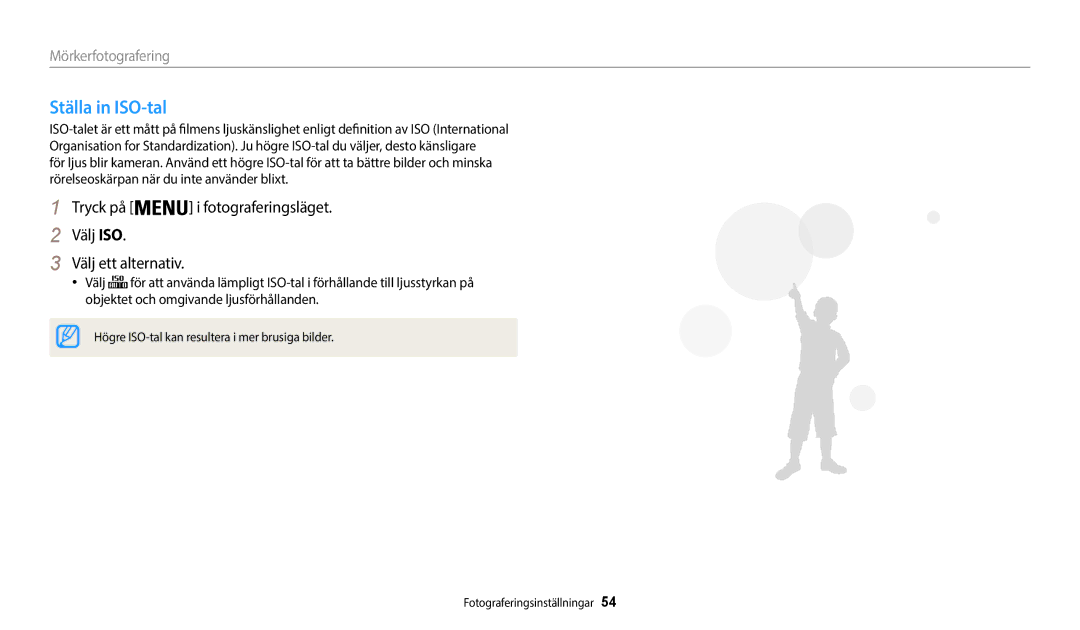 Samsung EC-WB35FZBPWE2, EC-WB35FZBPBE2 manual Ställa in ISO-tal, Tryck på i fotograferingsläget Välj ISO Välj ett alternativ 