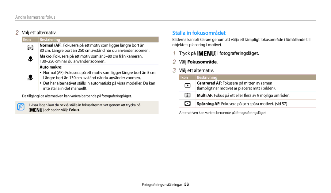 Samsung EC-WB35FZBPLE2, EC-WB35FZBPBE2 manual Ställa in fokusområdet, Välj Fokusområde, Ändra kamerans fokus, Auto makro 