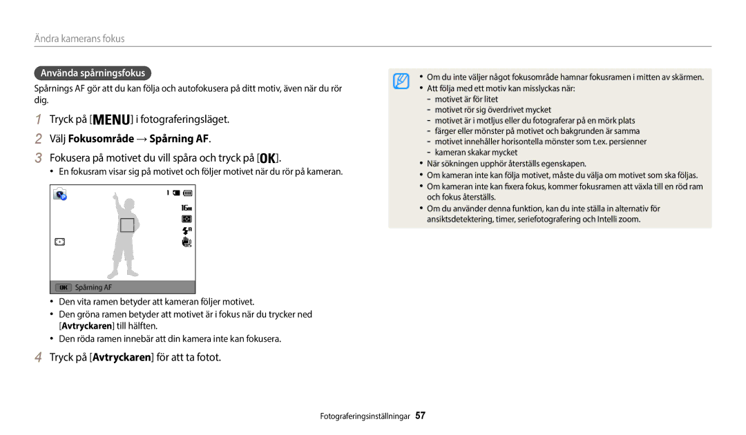 Samsung EC-WB35FZBPRE2, EC-WB35FZBPBE2 manual Välj Fokusområde → Spårning AF, Fokusera på motivet du vill spåra och tryck på 