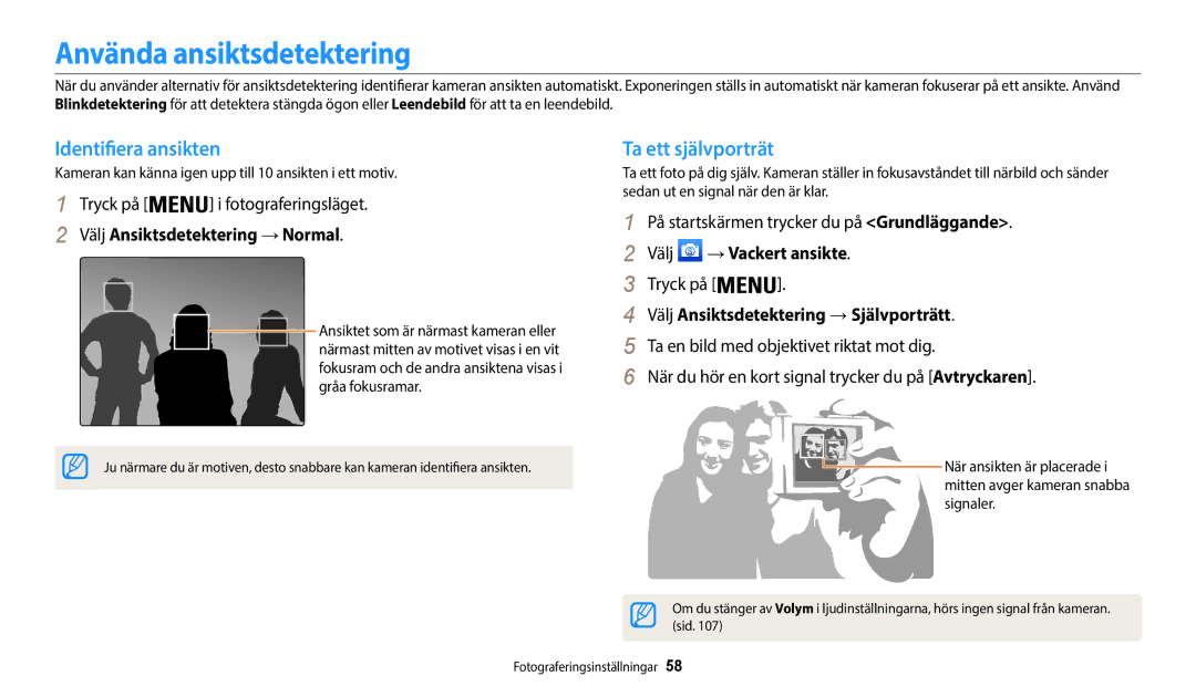 Samsung EC-WB35FZBPWE2, EC-WB35FZBPBE2 manual Använda ansiktsdetektering, Identifiera ansikten, Ta ett självporträt 