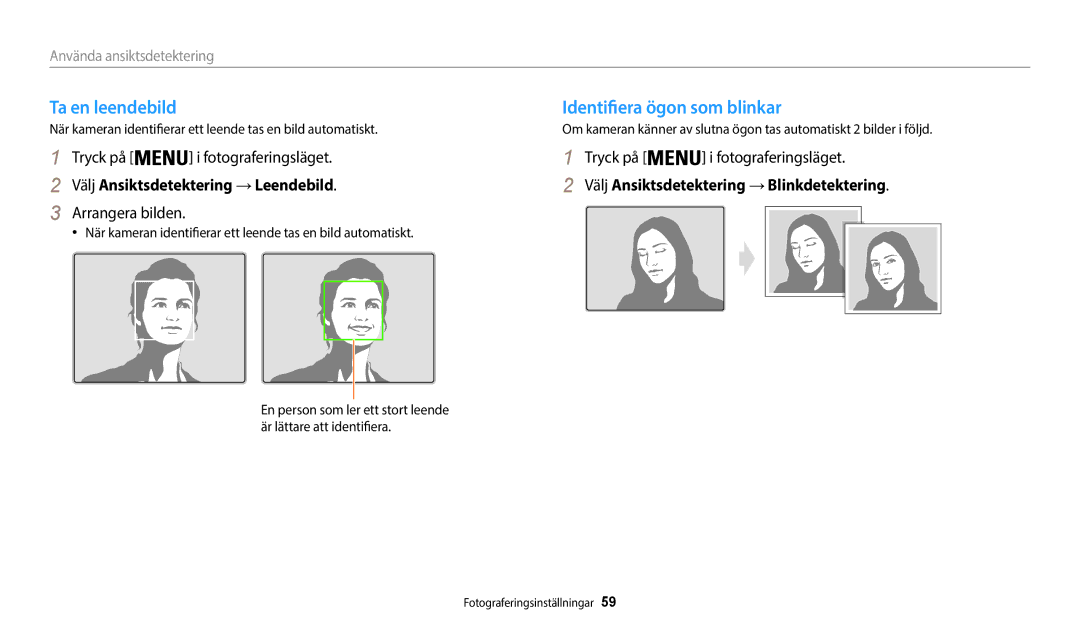 Samsung EC-WB35FZBPBE2 manual Ta en leendebild, Identifiera ögon som blinkar, Välj Ansiktsdetektering → Leendebild 