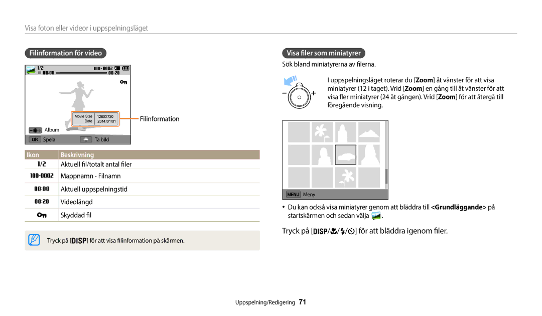 Samsung EC-WB35FZBPBE2, EC-WB35FZBPLE2 manual Visa foton eller videor i uppspelningsläget, Filinformation för video 