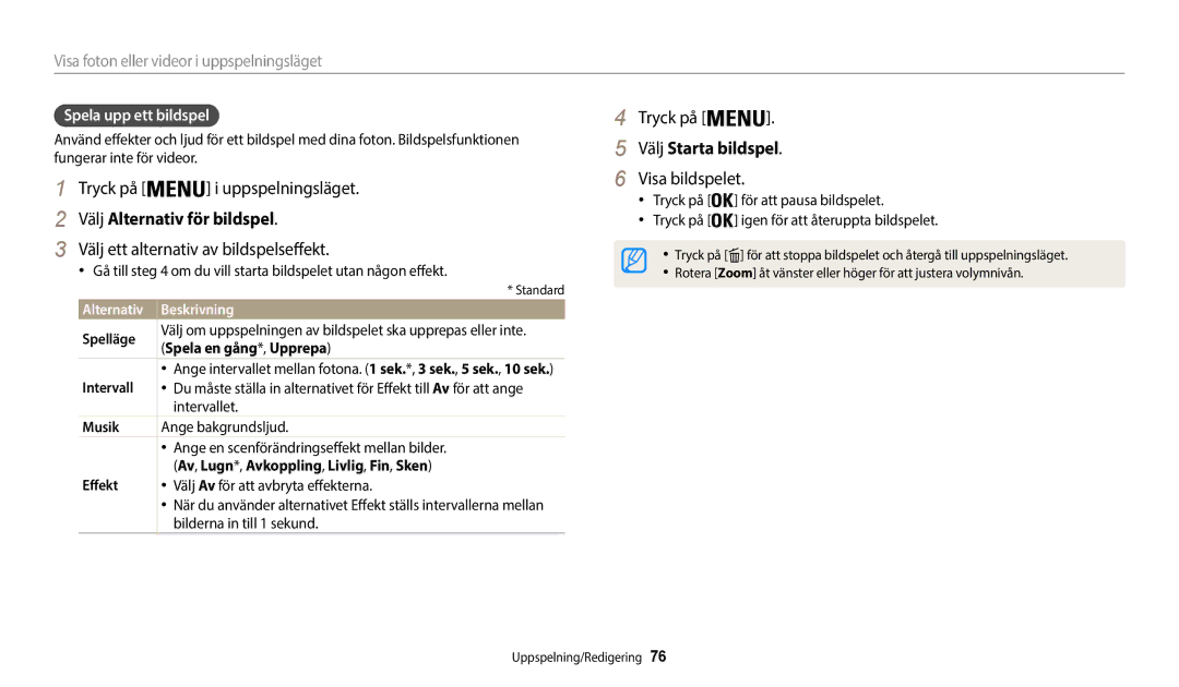 Samsung EC-WB35FZBPLE2 manual Välj Alternativ för bildspel, Välj ett alternativ av bildspelseffekt, Välj Starta bildspel 