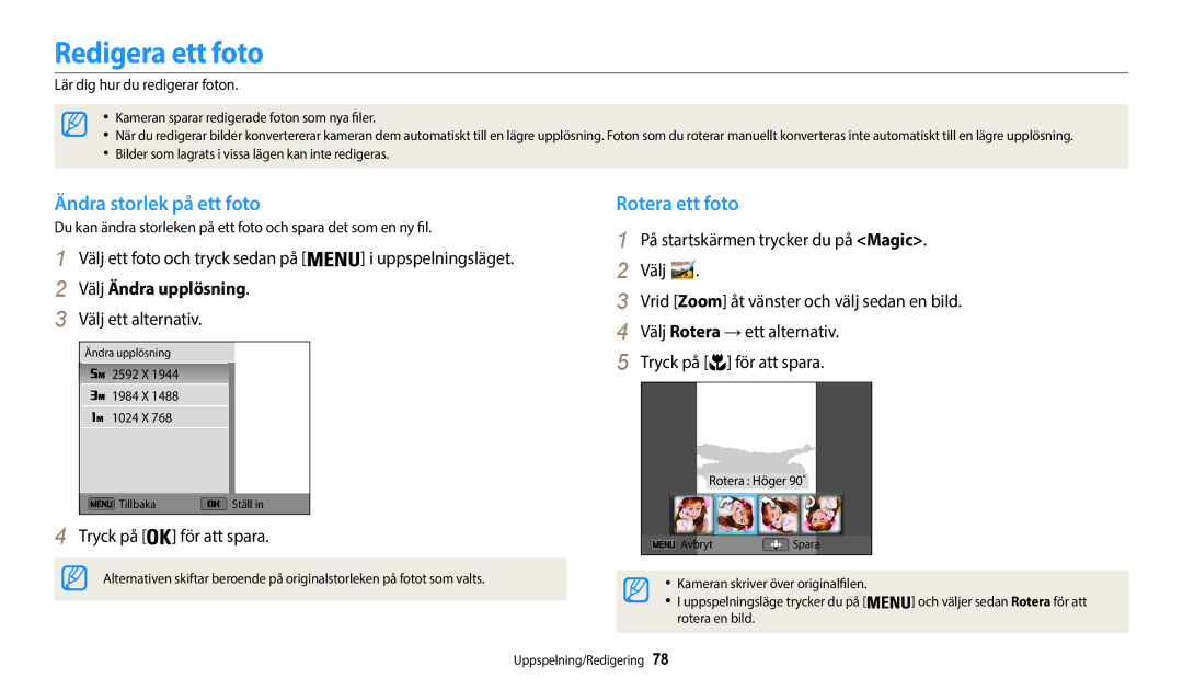 Samsung EC-WB35FZBPWE2 manual Redigera ett foto, Ändra storlek på ett foto, Rotera ett foto, Välj Ändra upplösning 