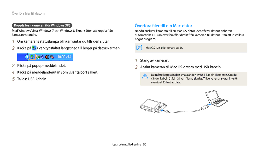 Samsung EC-WB35FZBPRE2 Överföra filer till din Mac-dator, Överföra filer till datorn, Koppla loss kameran för Windows XP 