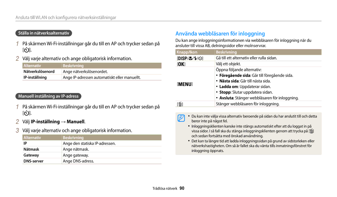 Samsung EC-WB35FZBPWE2 Använda webbläsaren för inloggning, Välj IP-inställning → Manuell, Ställa in nätverksalternativ 