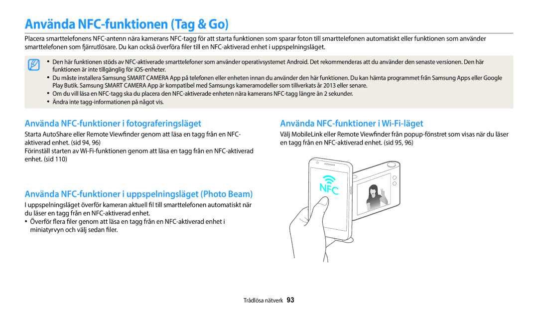 Samsung EC-WB35FZBPRE2, EC-WB35FZBPBE2 manual Använda NFC-funktionen Tag & Go, Använda NFC-funktioner i fotograferingsläget 