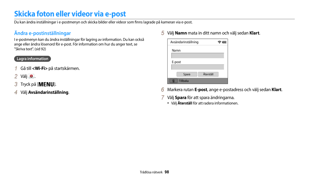 Samsung EC-WB35FZBPWE2 manual Skicka foton eller videor via e-post, Ändra e-postinställningar, Välj Avsändarinställning 