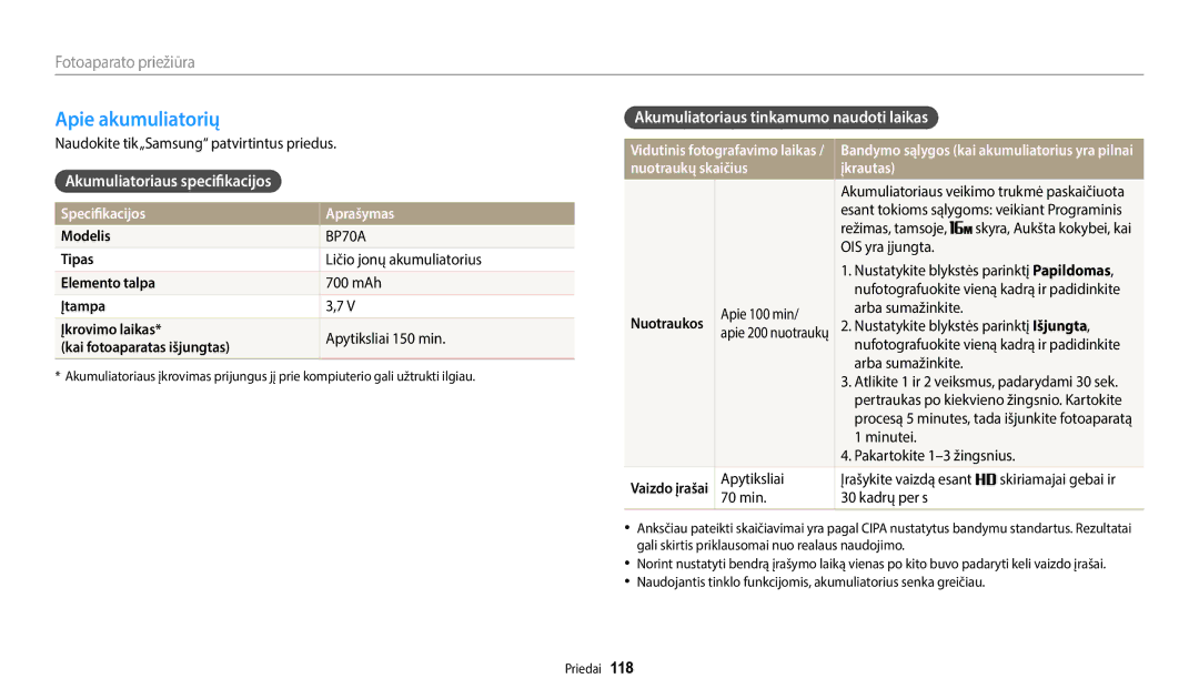 Samsung EC-WB35FZBPWE2 manual Apie akumuliatorių, Akumuliatoriaus specifikacijos, Akumuliatoriaus tinkamumo naudoti laikas 