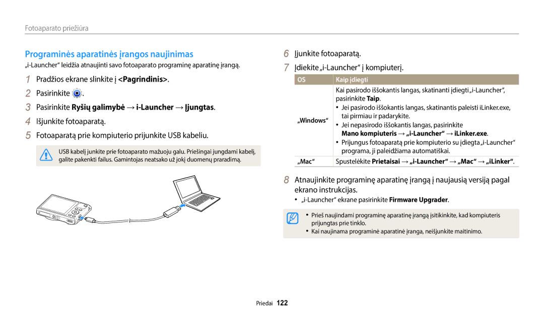 Samsung EC-WB35FZBPWE2 manual Programinės aparatinės įrangos naujinimas, Pasirinkite Ryšių galimybė →i-Launcher →Įjungtas 