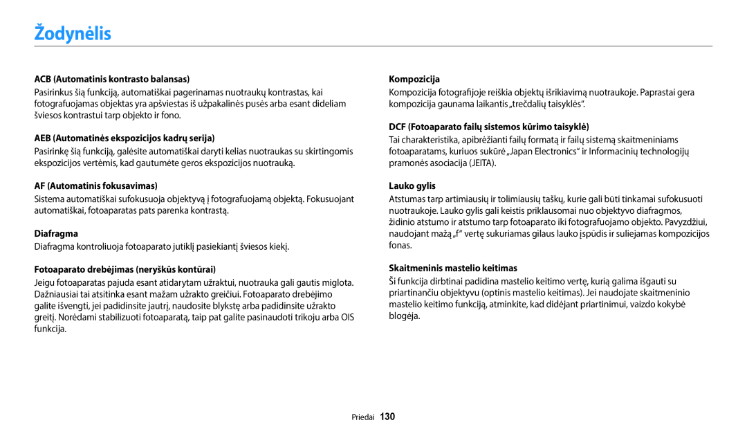 Samsung EC-WB35FZBPWE2, EC-WB35FZBPBE2, EC-WB35FZBPLE2, EC-WB35FZBPRE2 manual Žodynėlis 