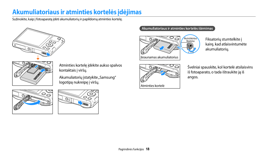 Samsung EC-WB35FZBPWE2 Akumuliatoriaus ir atminties kortelės įdėjimas, Akumuliatoriaus ir atminties kortelės išėmimas 