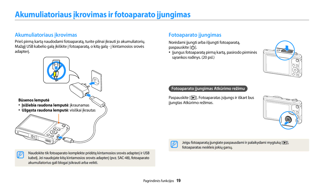 Samsung EC-WB35FZBPBE2, EC-WB35FZBPLE2 manual Akumuliatoriaus įkrovimas ir fotoaparato įjungimas, Fotoaparato įjungimas 