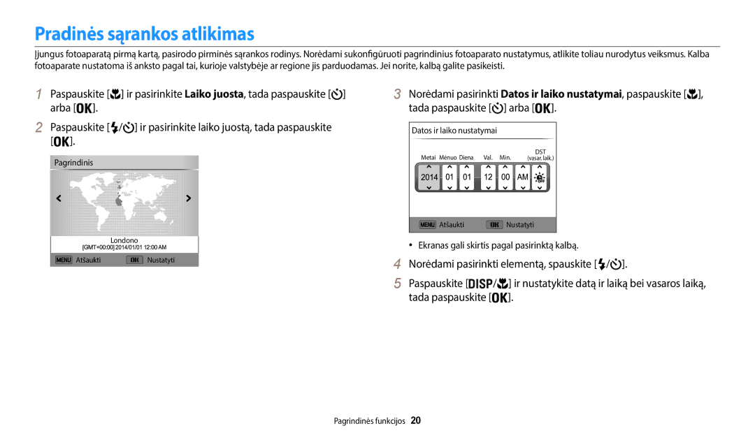 Samsung EC-WB35FZBPLE2, EC-WB35FZBPBE2 manual Pradinės sąrankos atlikimas, Ekranas gali skirtis pagal pasirinktą kalbą 