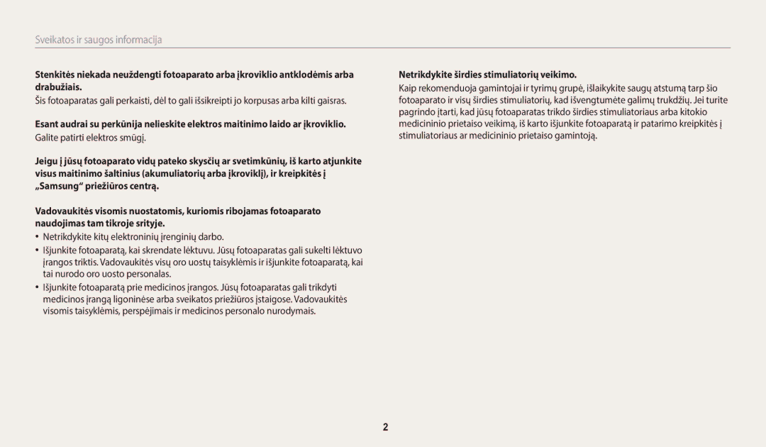 Samsung EC-WB35FZBPWE2, EC-WB35FZBPBE2, EC-WB35FZBPLE2 manual Sveikatos ir saugos informacija, Galite patirti elektros smūgį 