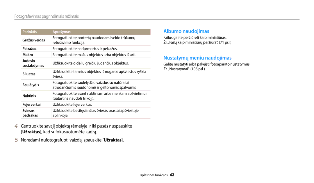 Samsung EC-WB35FZBPBE2, EC-WB35FZBPLE2, EC-WB35FZBPRE2, EC-WB35FZBPWE2 manual Albumo naudojimas, Nustatymų meniu naudojimas 