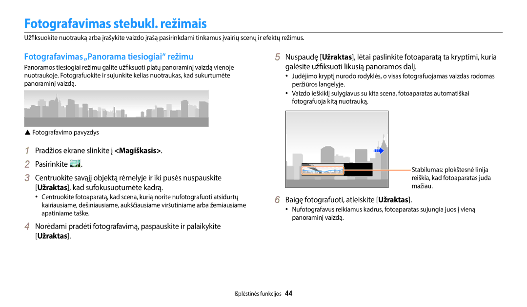 Samsung EC-WB35FZBPLE2, EC-WB35FZBPBE2 manual Fotografavimas stebukl. režimais, Fotografavimas„Panorama tiesiogiai režimu 
