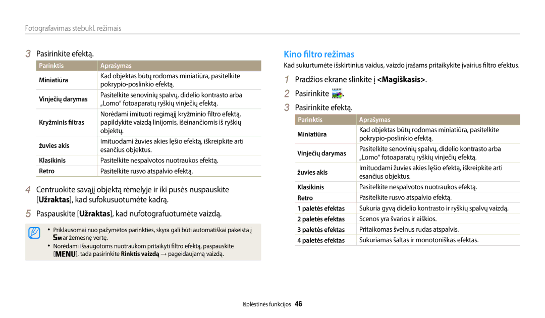 Samsung EC-WB35FZBPWE2 manual Kino filtro režimas, Pasirinkite efektą, Paspauskite Užraktas, kad nufotografuotumėte vaizdą 