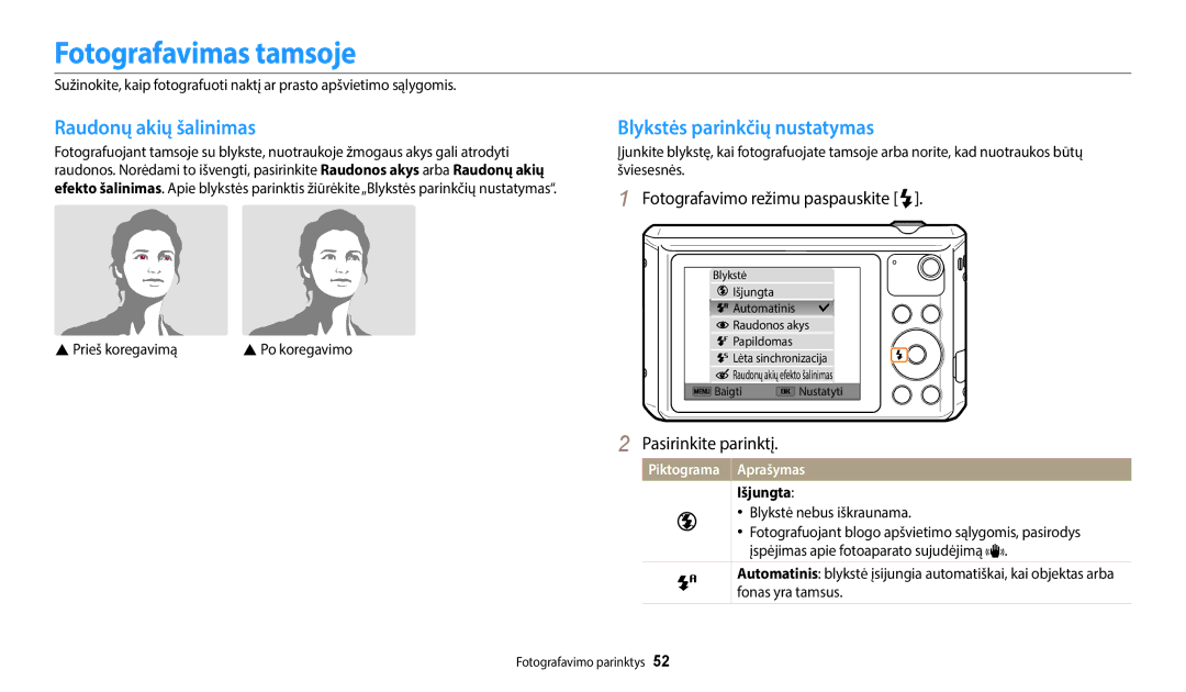 Samsung EC-WB35FZBPLE2 manual Fotografavimas tamsoje, Raudonų akių šalinimas, Blykstės parinkčių nustatymas, Išjungta 