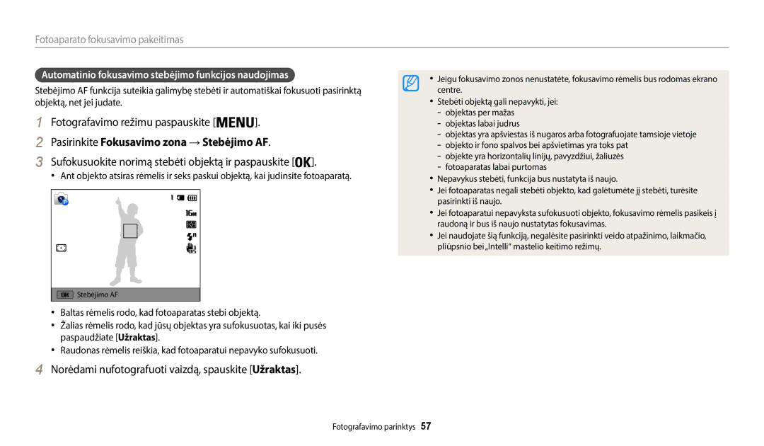 Samsung EC-WB35FZBPRE2 Pasirinkite Fokusavimo zona →Stebėjimo AF, Sufokusuokite norimą stebėti objektą ir paspauskite 