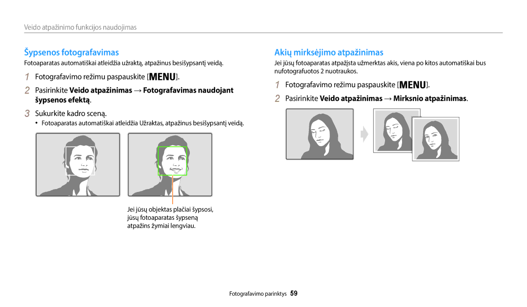 Samsung EC-WB35FZBPBE2, EC-WB35FZBPLE2 manual Šypsenos fotografavimas, Akių mirksėjimo atpažinimas, Sukurkite kadro sceną 