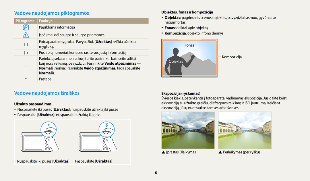 Samsung EC-WB35FZBPWE2, EC-WB35FZBPBE2, EC-WB35FZBPLE2 Vadove naudojamos piktogramos, Vadove naudojamos išraiškos, Funkcija 