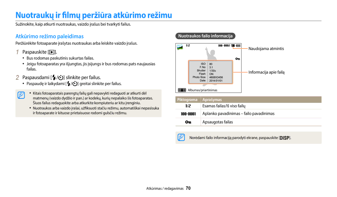 Samsung EC-WB35FZBPWE2, EC-WB35FZBPBE2 manual Nuotraukų ir filmų peržiūra atkūrimo režimu, Atkūrimo režimo paleidimas 