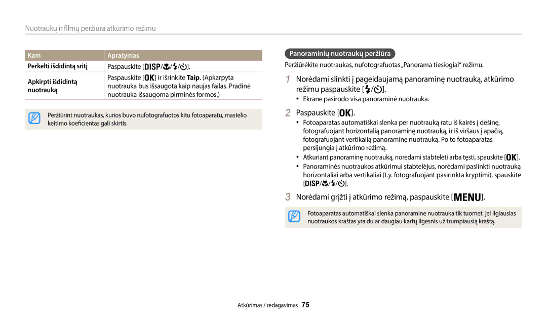 Samsung EC-WB35FZBPBE2 manual Norėdami grįžti į atkūrimo režimą, paspauskite, Panoraminių nuotraukų peržiūra, Kam Aprašymas 