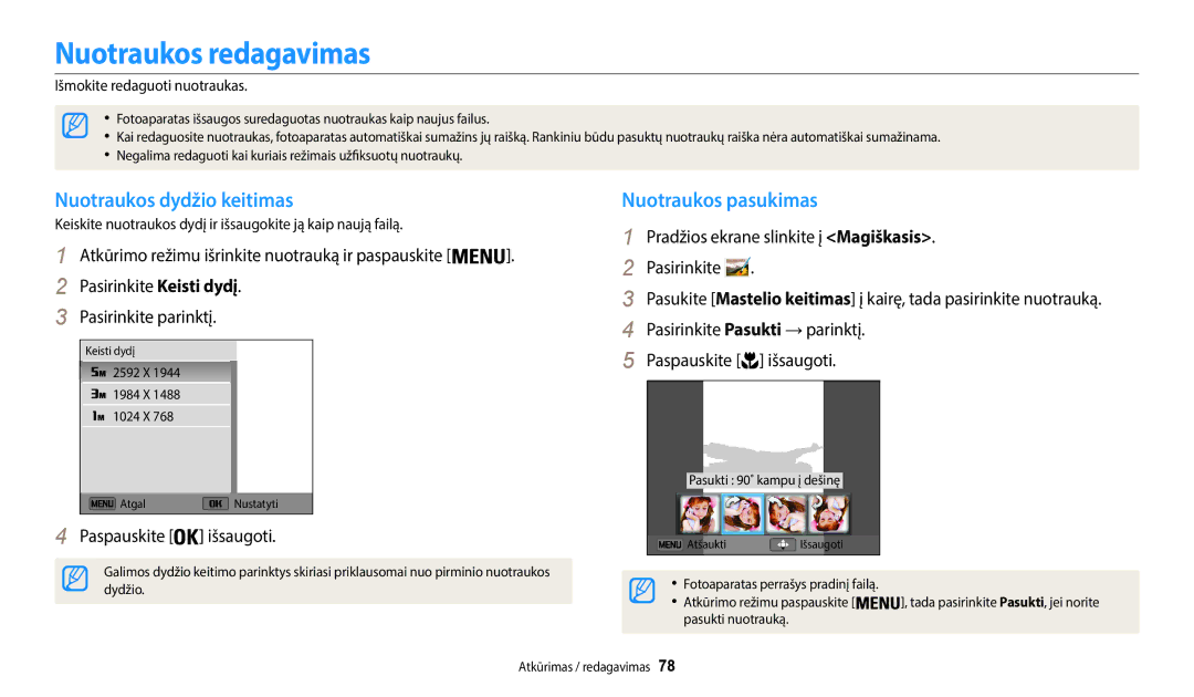 Samsung EC-WB35FZBPWE2, EC-WB35FZBPBE2 manual Nuotraukos redagavimas, Nuotraukos dydžio keitimas, Nuotraukos pasukimas 