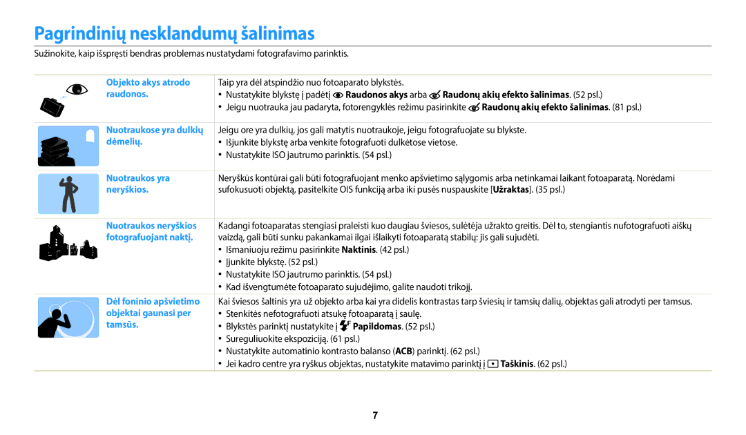 Samsung EC-WB35FZBPBE2 manual Pagrindinių nesklandumų šalinimas, Raudonos akys arba Raudonų akių efekto šalinimas psl 