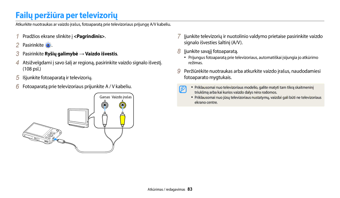 Samsung EC-WB35FZBPBE2, EC-WB35FZBPLE2 manual Failų peržiūra per televizorių, Pasirinkite Ryšių galimybė →Vaizdo išvestis 