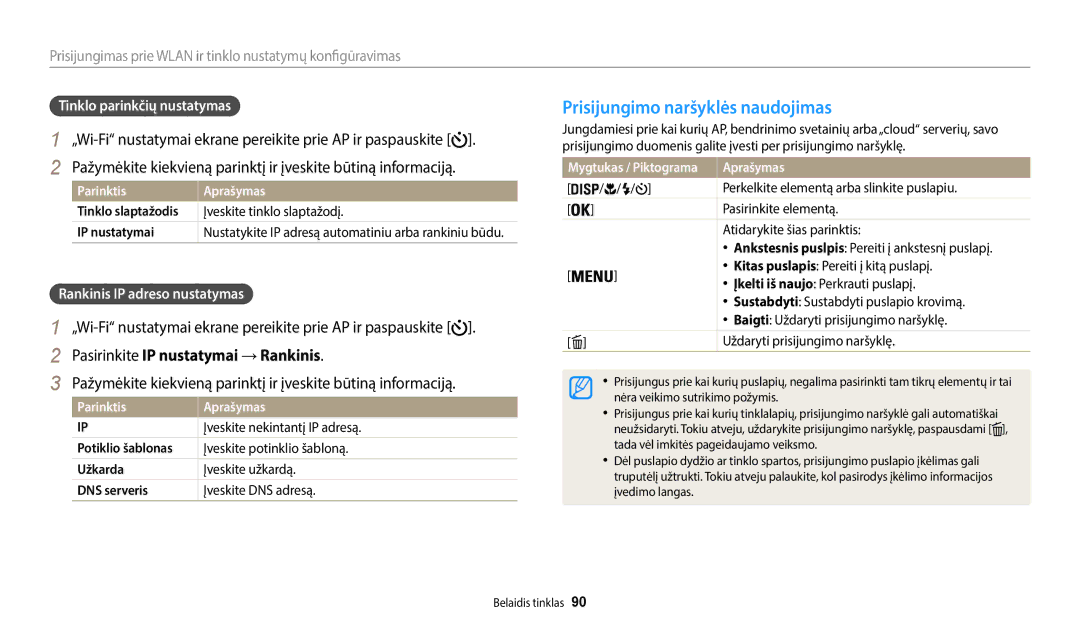 Samsung EC-WB35FZBPWE2 manual Prisijungimo naršyklės naudojimas, „Wi-Fi nustatymai ekrane pereikite prie AP ir paspauskite 