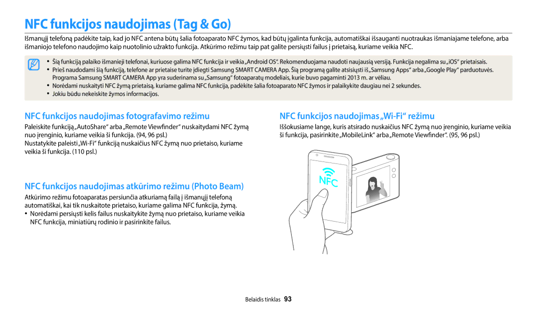 Samsung EC-WB35FZBPRE2, EC-WB35FZBPBE2 NFC funkcijos naudojimas Tag & Go, NFC funkcijos naudojimas fotografavimo režimu 