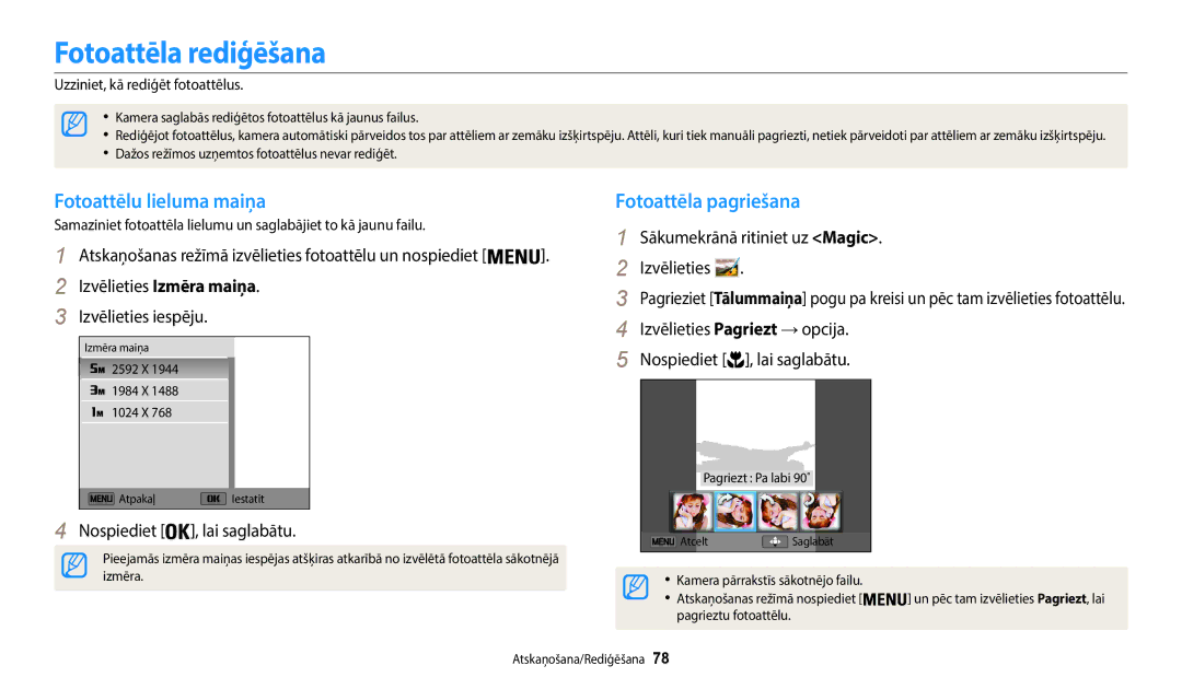 Samsung EC-WB35FZBPWE2, EC-WB35FZBPBE2 manual Fotoattēla rediģēšana, Fotoattēlu lieluma maiņa, Fotoattēla pagriešana 