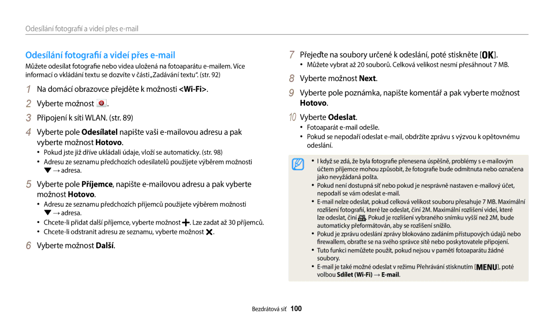 Samsung EC-WB35FZBPWE3, EC-WB35FZBPBE3, EC-WB35FZBPRE3 manual Přes e-mail, Možnost Hotovo, Vyberte možnost Další, 100 