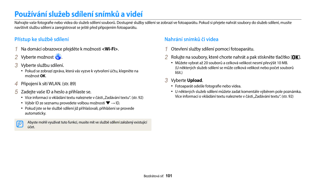 Samsung EC-WB35FZBPRE3 manual Používání služeb sdílení snímků a videí, Přístup ke službě sdílení, Nahrání snímků či videa 