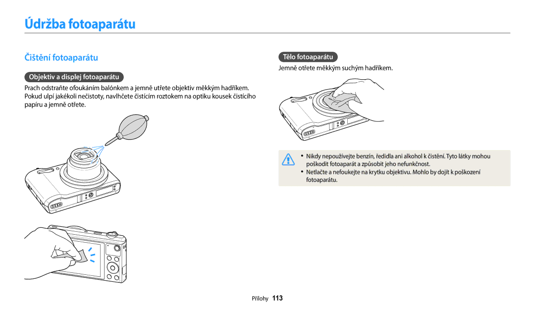 Samsung EC-WB35FZBPRE3 manual Údržba fotoaparátu, Čištění fotoaparátu, Objektiv a displej fotoaparátu, Tělo fotoaparátu 