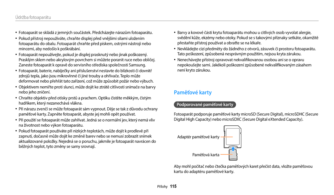 Samsung EC-WB35FZBPBE3, EC-WB35FZBPWE3, EC-WB35FZBPRE3, EC-WB35FZBPLE3 manual Paměťové karty, Podporované paměťové karty 