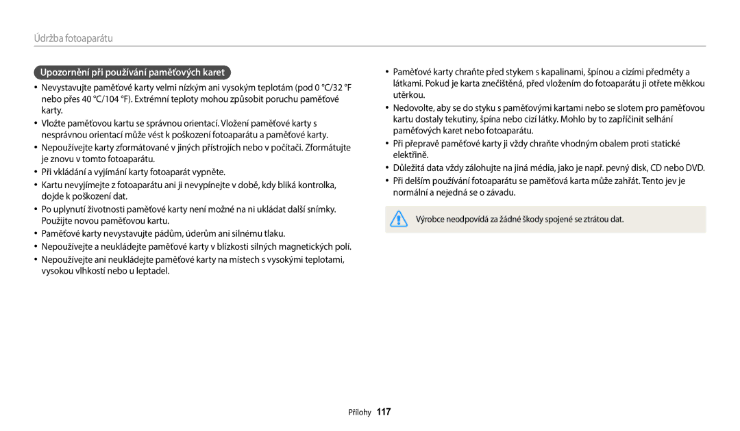 Samsung EC-WB35FZBPRE3, EC-WB35FZBPBE3, EC-WB35FZBPWE3, EC-WB35FZBPLE3 manual Upozornění při používání paměťových karet 